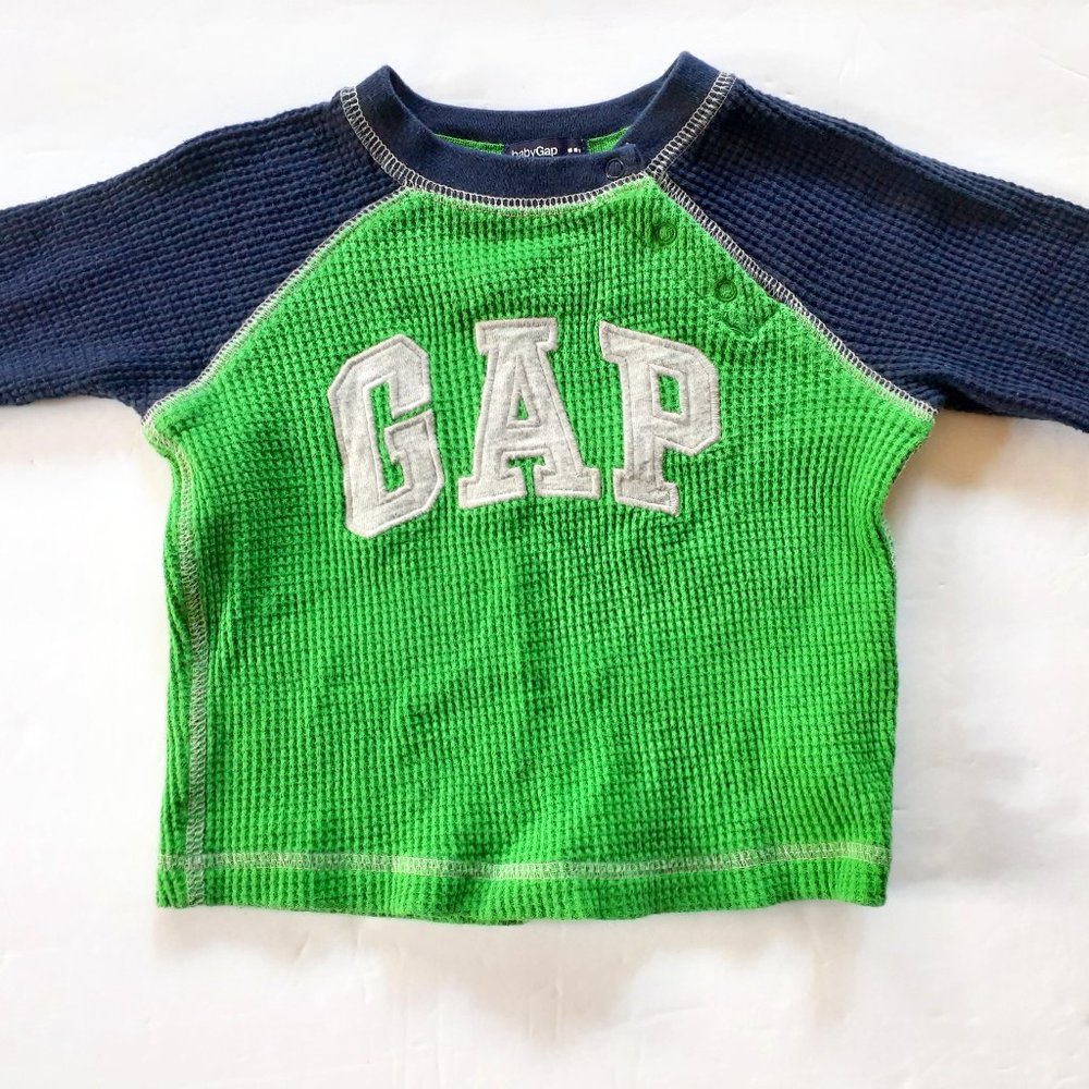 Gap Boys T-Shirt Waffle Logo Green Blue Gray Long Sleeve Size 12-18 Months